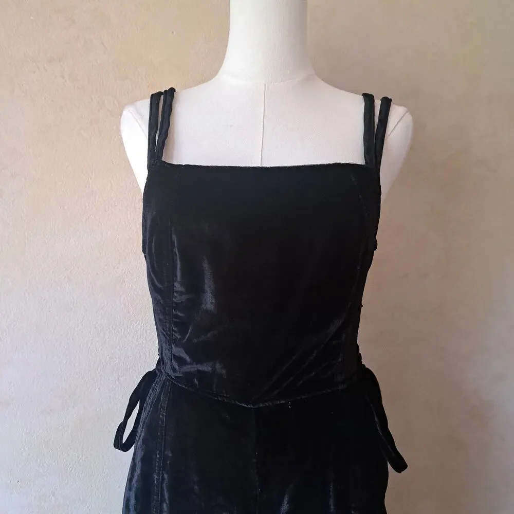 FREE PEOPLE Black Crushed Velvet 90s Forever Lace Up Jumpsuit Wide Leg Small